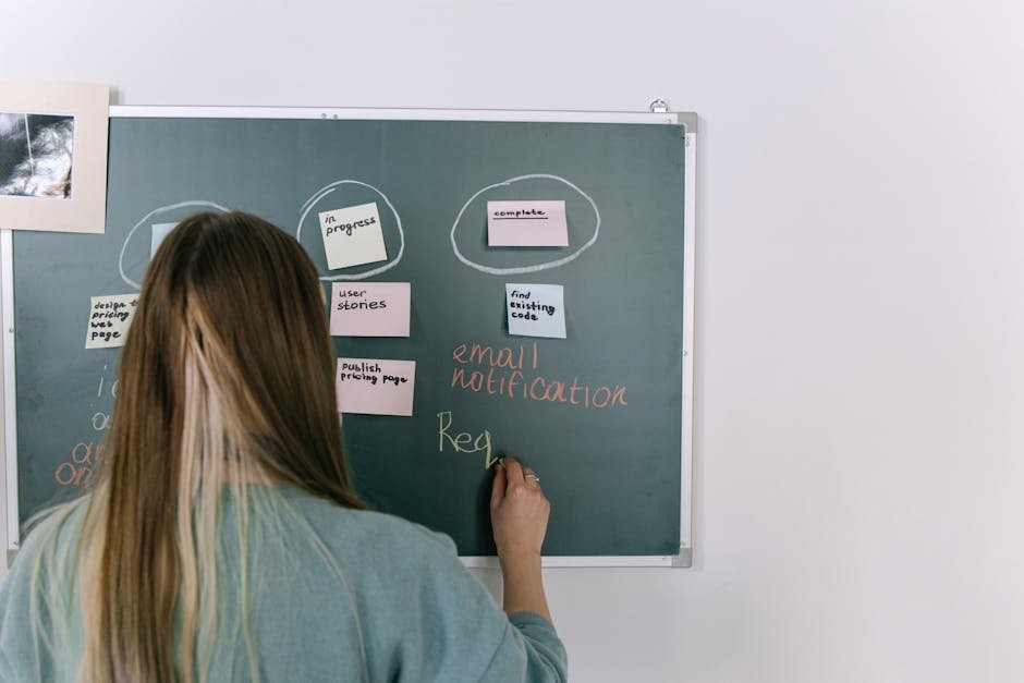 A woman writing on a chalkboard with business strategy notes in a modern office environment.