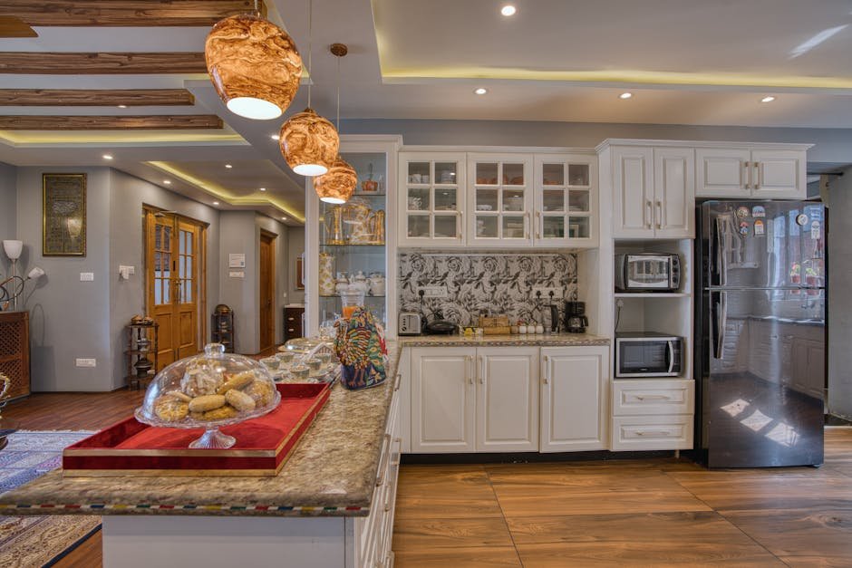 Elegant modern kitchen interior with stylish lighting and decor in Jammu and Kashmir.